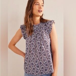 Boden Ruched Ruffle Sleeve Paisley Blouse with Metallic thread detail size 16